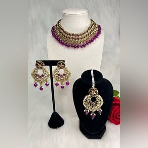 Beautiful Purple Gold Necklace With Earrings and Tikka Jewelry Set